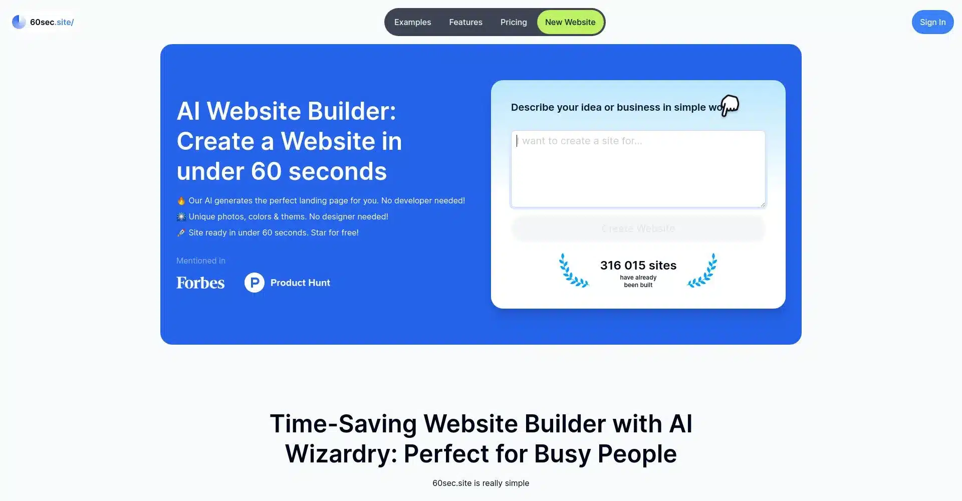 Interfaz de usuario del constructor de sitios web con IA