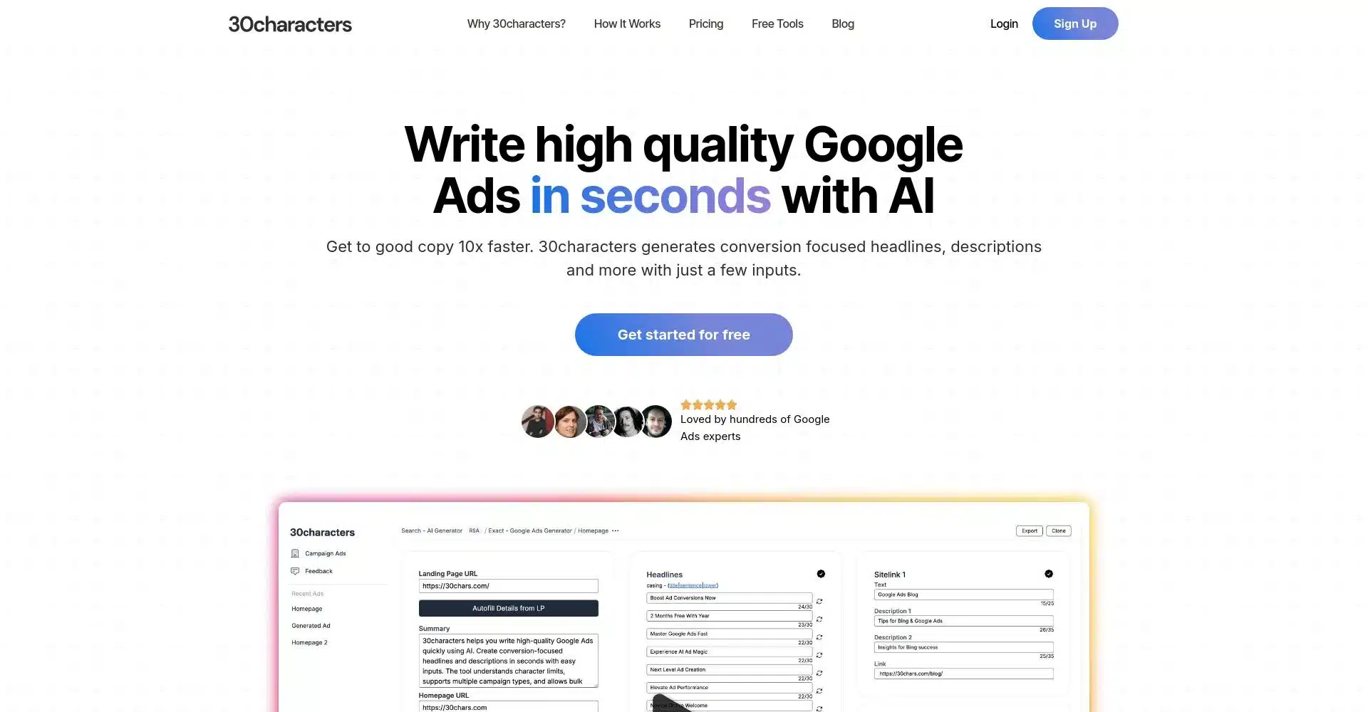 PÔgina de inicio de 30characters mostrando creación de anuncios con IA