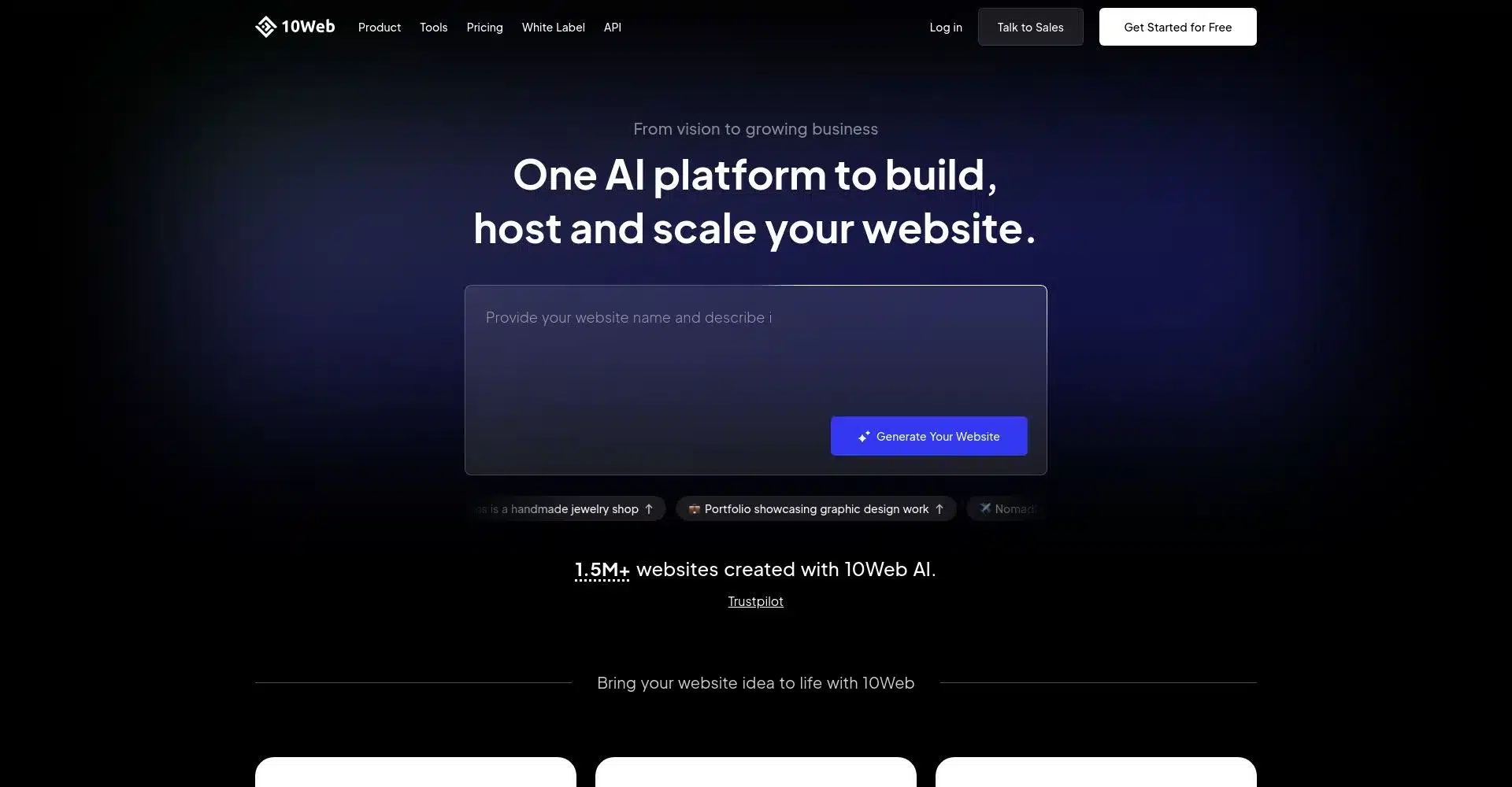 Captura de pantalla del sitio web de 10Web mostrando su plataforma AI