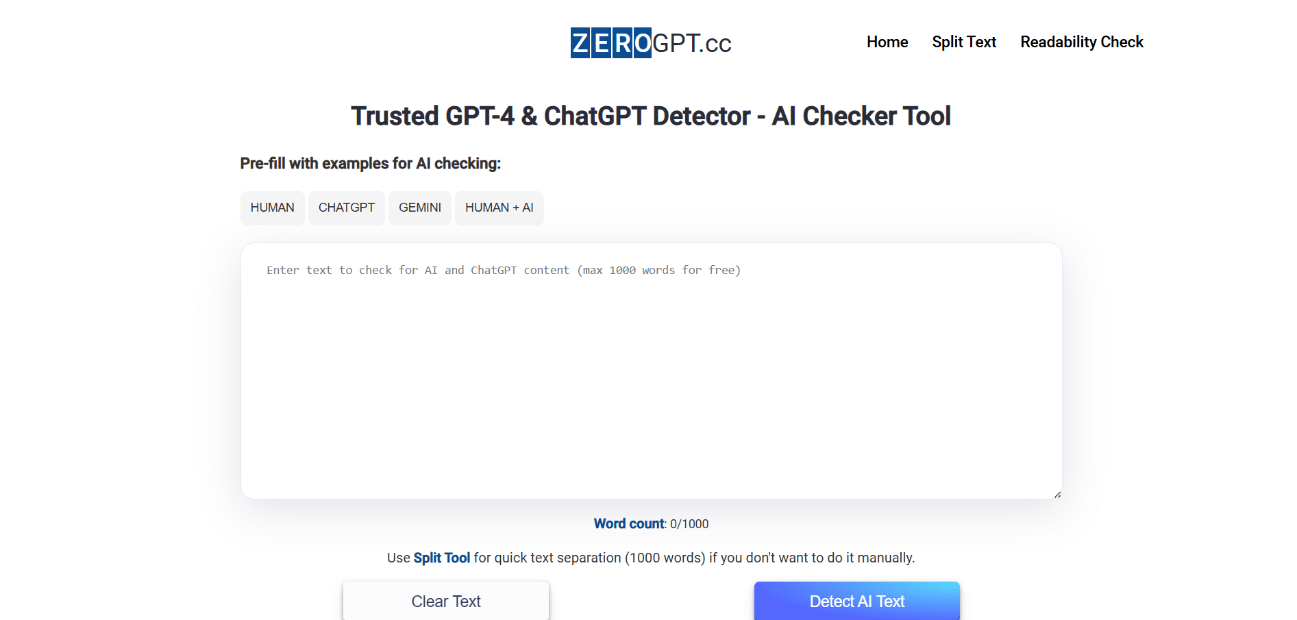 Interfaz de ZeroGPT desde el navegador sin necesidad de registro