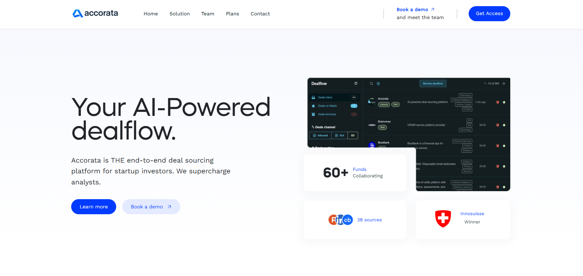 Interfaz de Accorata para inversores de startups, con flujos de acuerdos automáticos y colaboración entre fondos