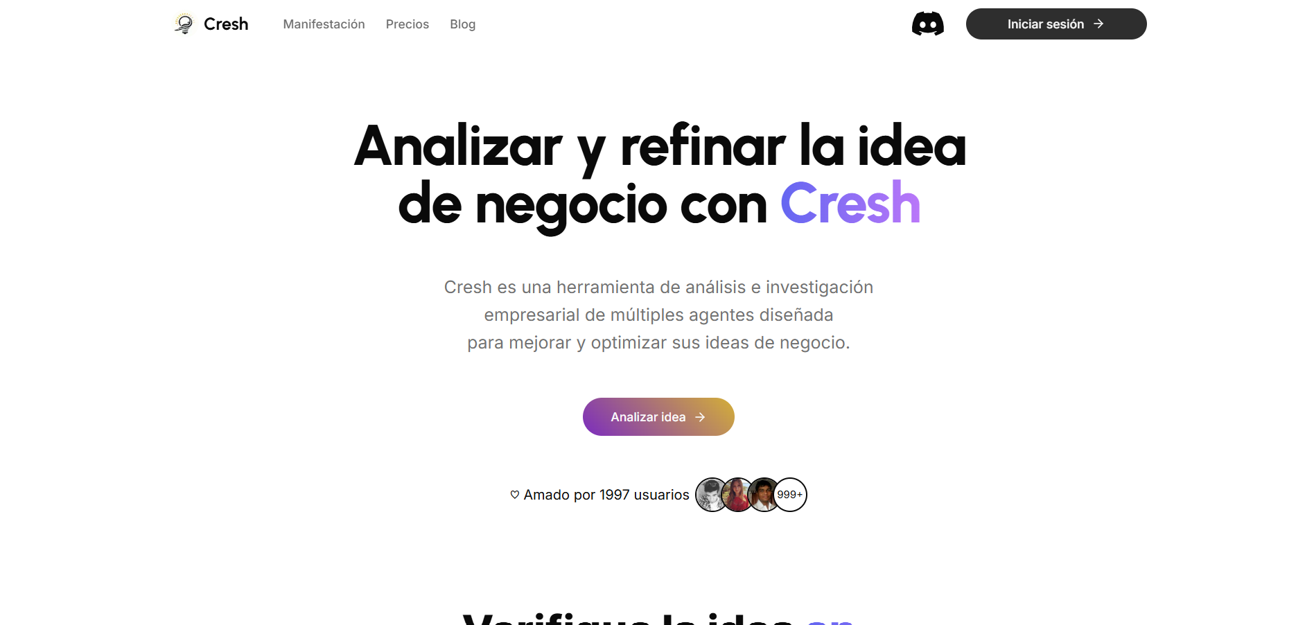 PÔgina principal de Cresh mostrando el mensaje 'Analizar y refinar la idea de negocio con Cresh' y el botón para iniciar el anÔlisis de ideas.