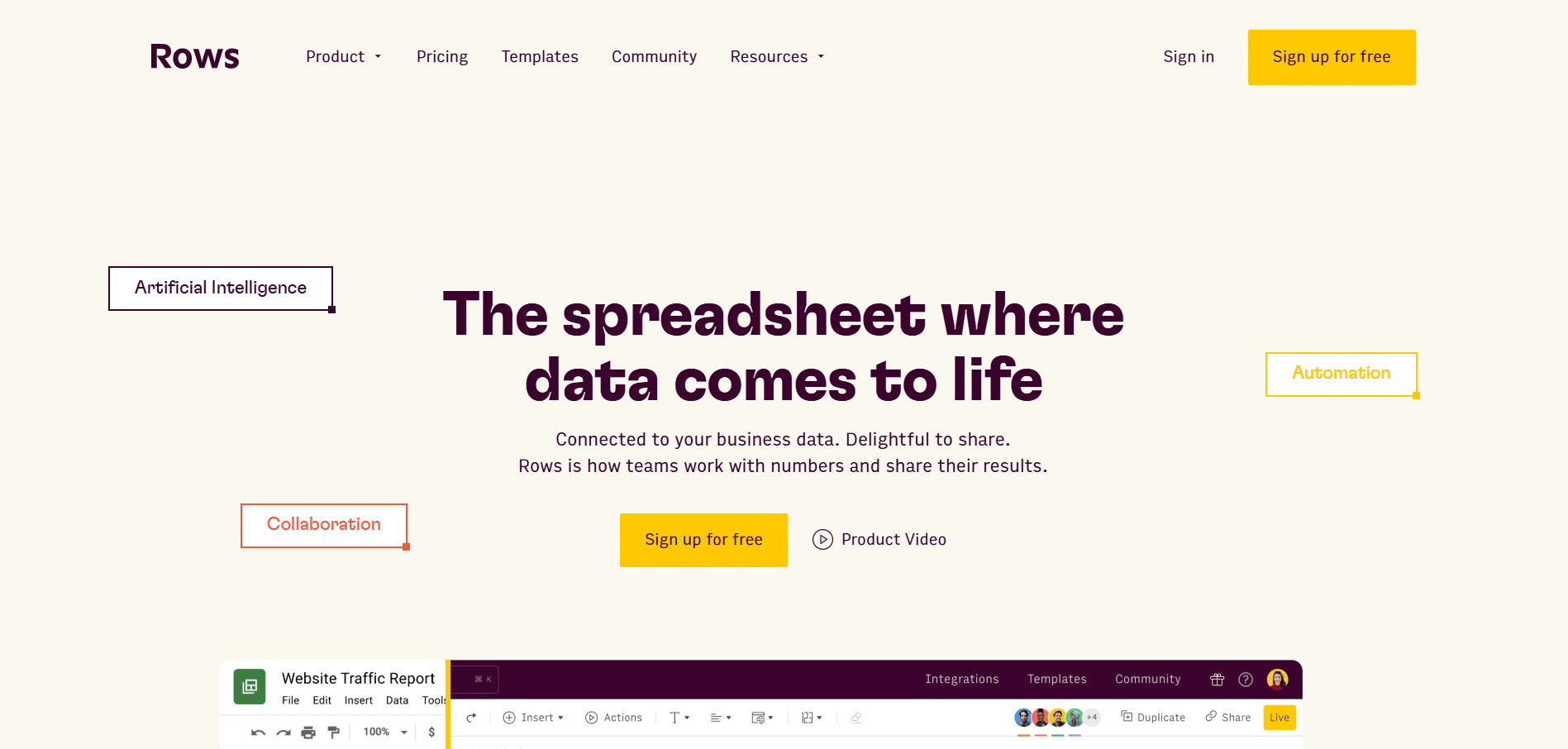 Interfaz de Rows AI mostrando análisis automático de datos