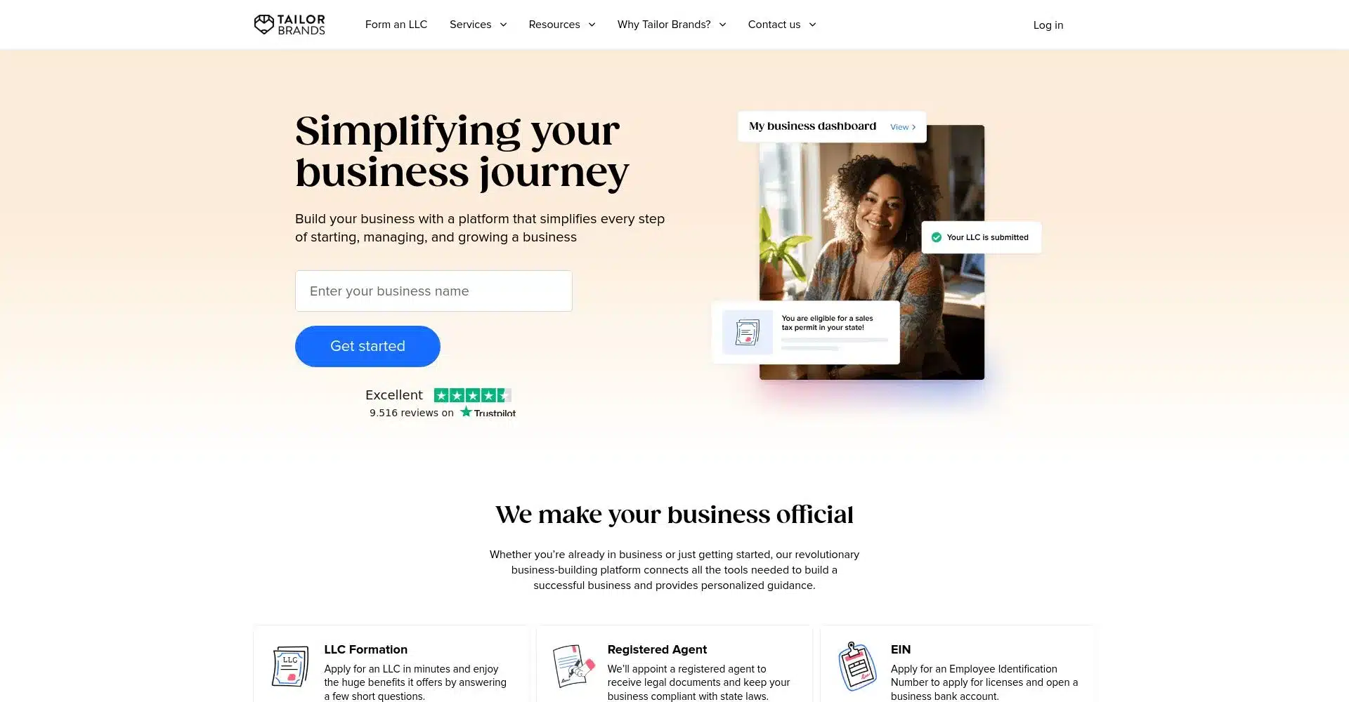 Sitio web de Tailor Brands simplificando el viaje de negocios