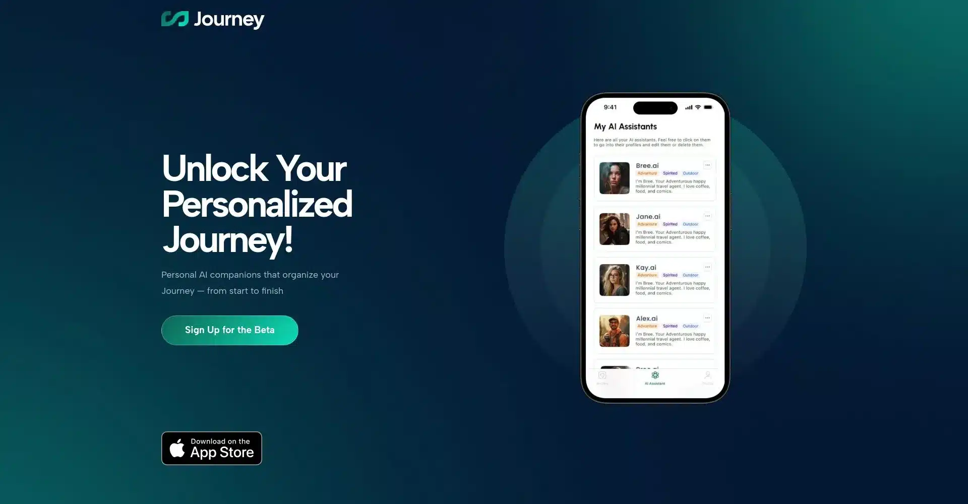 Interfaz de la aplicación Journey mostrando asistentes AI personalizados