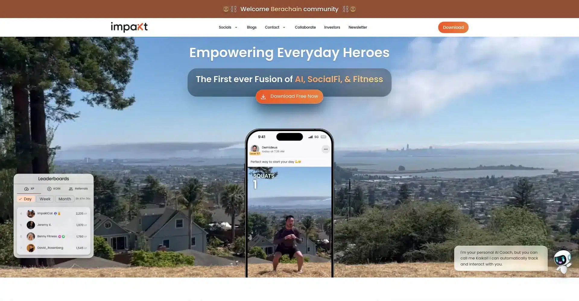 Captura de pantalla de sitio web de Impakt mostrando la fusión de IA, SocialFi y Fitness