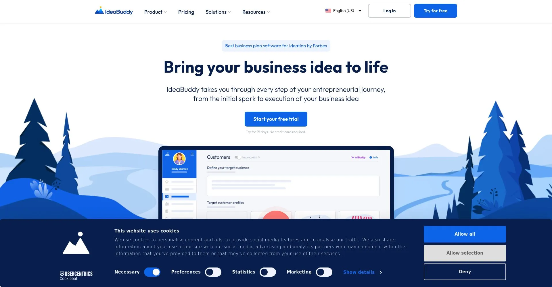 Página de inicio de IdeaBuddy con opción de prueba gratuita