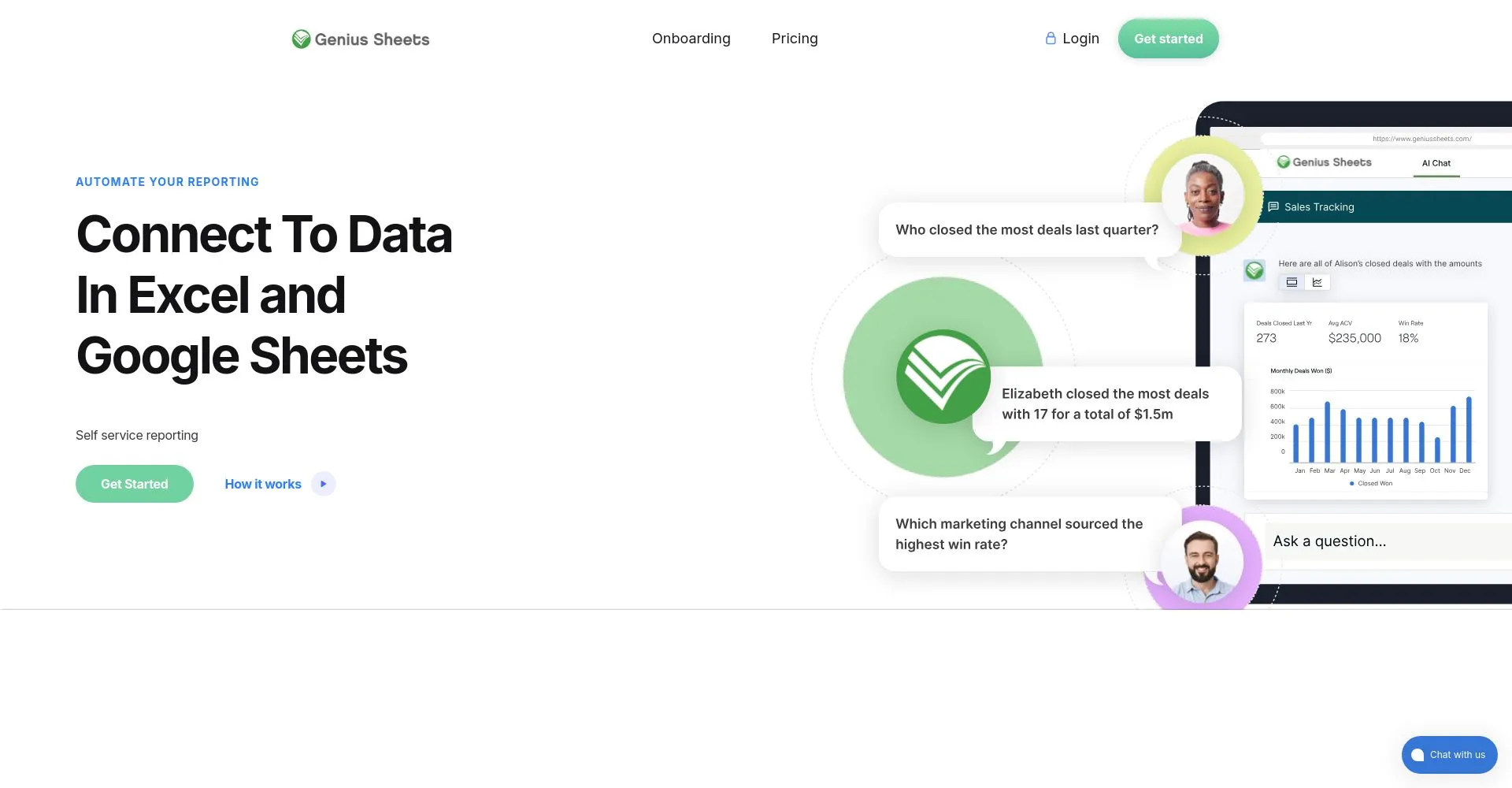 Página de inicio de Genius Sheets mostrando integración con datos