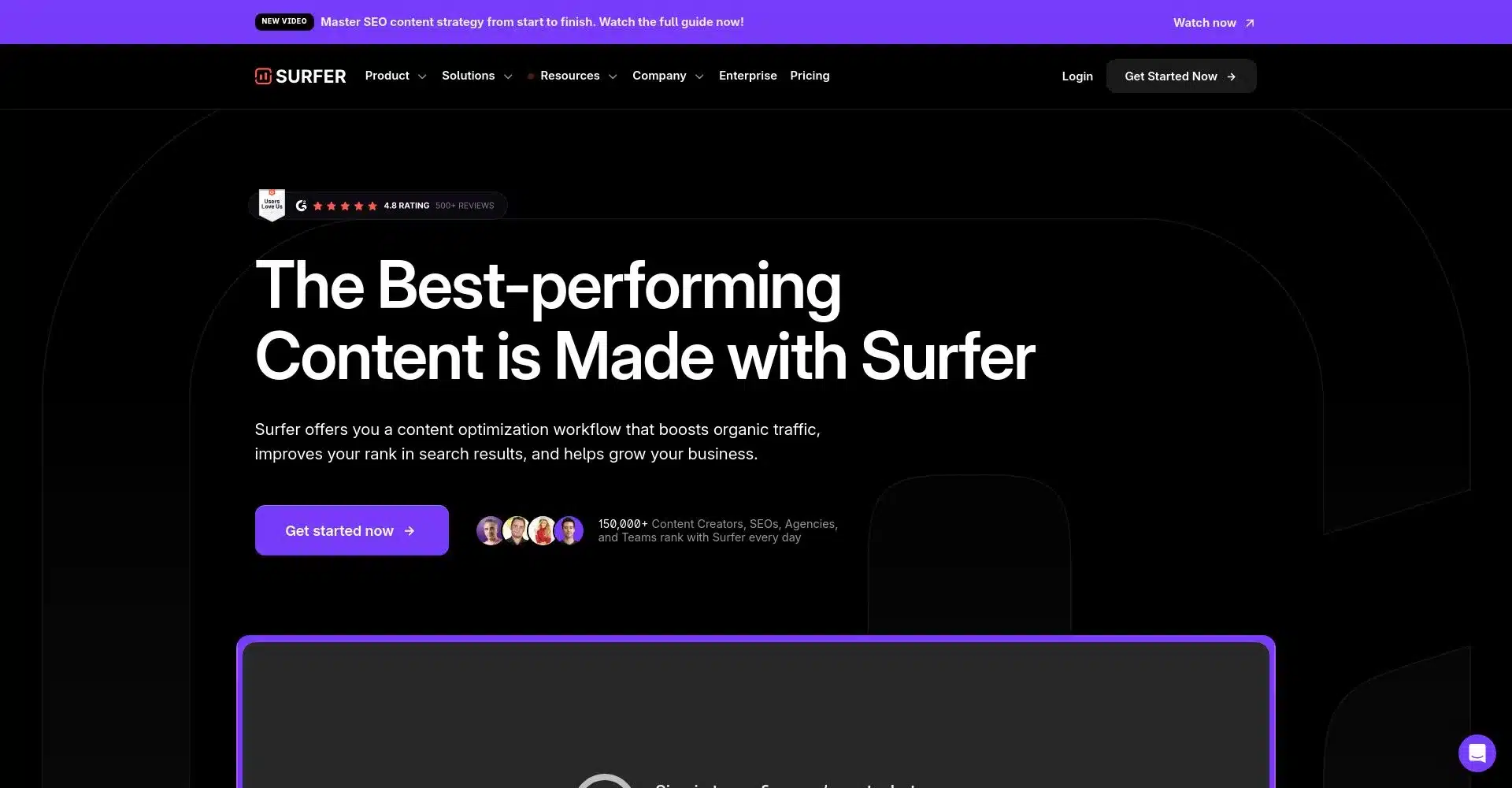 Captura de pantalla del sitio web de Surfer SEO