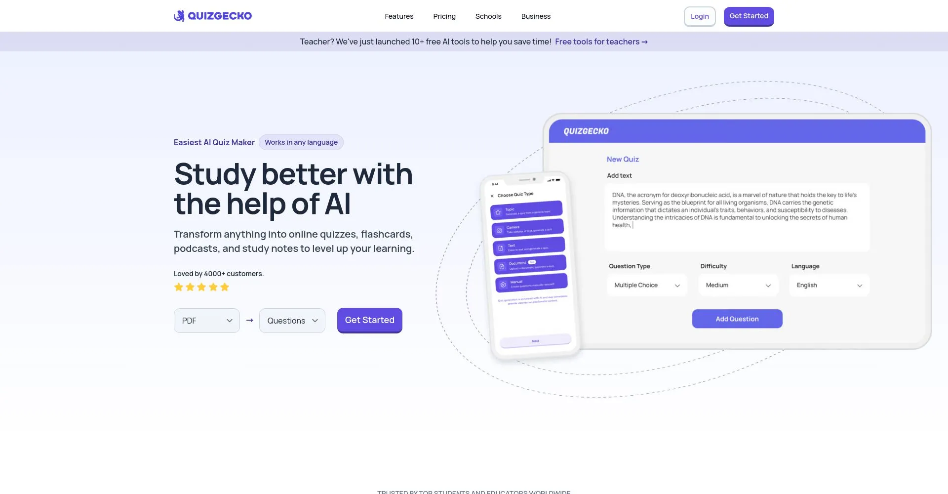 PÔgina de inicio de Quizgecko, plataforma de creación de cuestionarios con IA