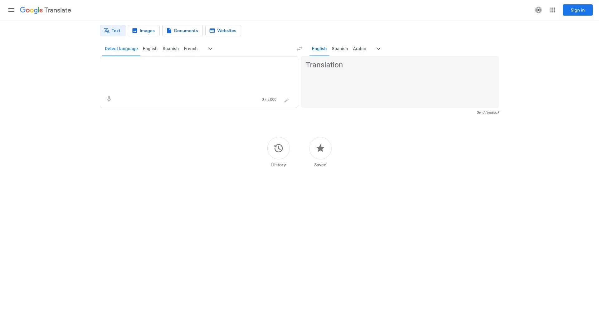 Captura de pantalla de la página de inicio de Google Translate.