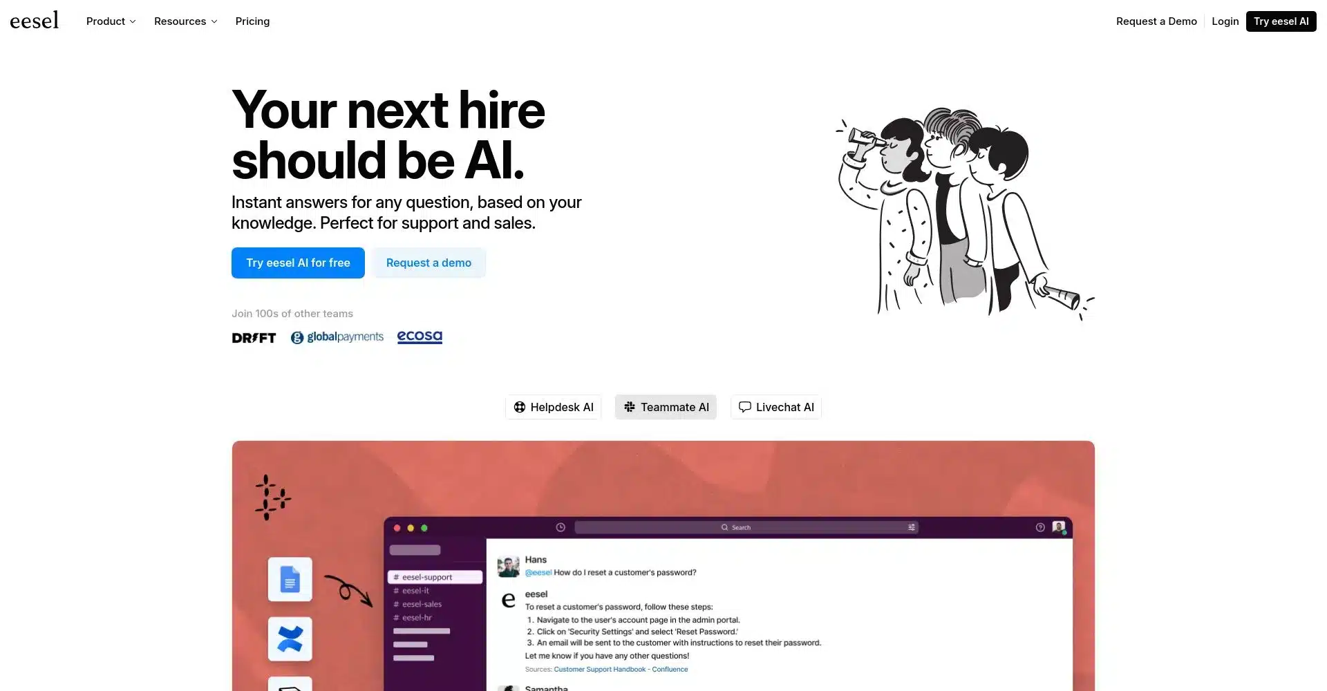 Captura de pantalla del sitio web de Eesel destacando la IA