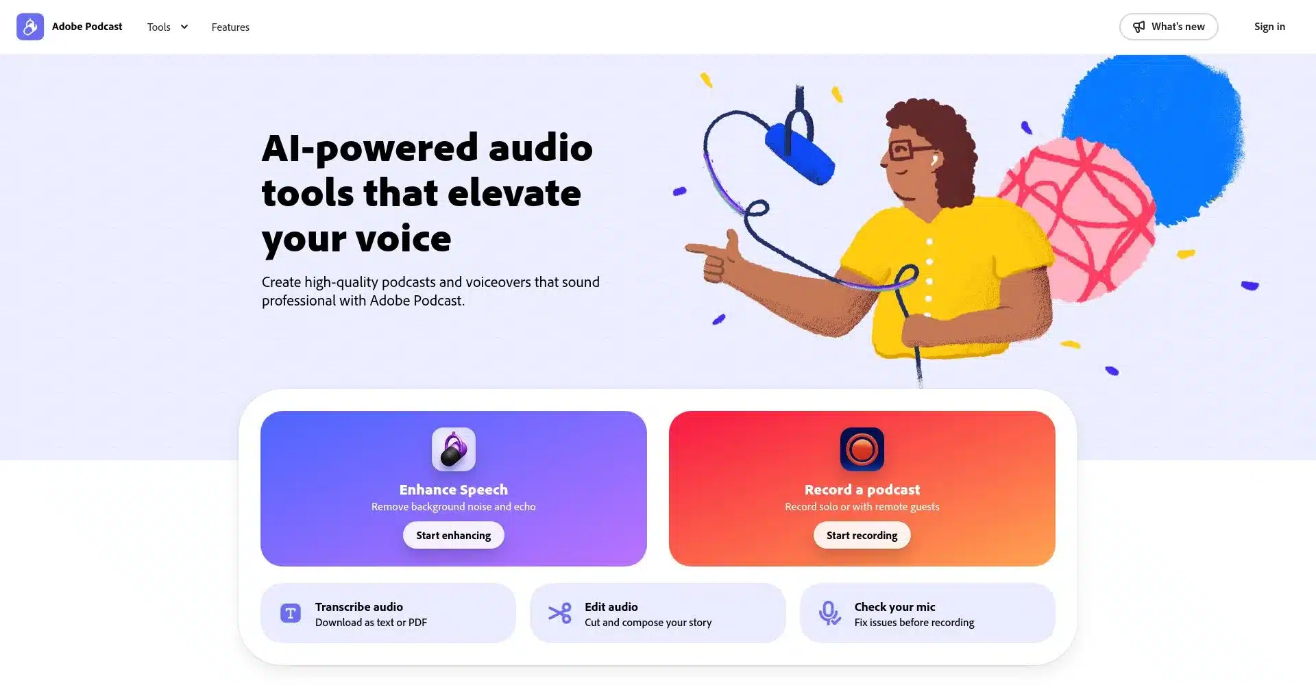 PƔgina principal de Adobe Podcast con herramientas de audio impulsadas por IA