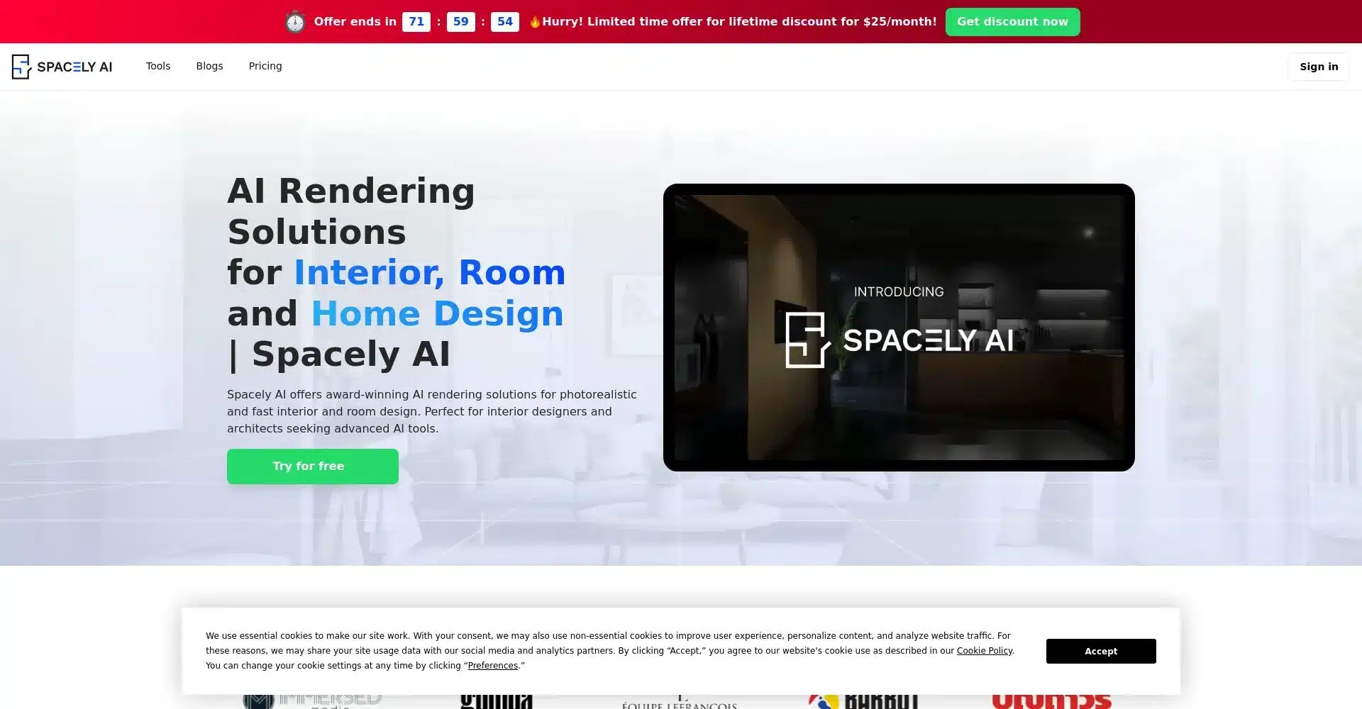 Página de inicio de Spacely AI mostrando soluciones de renderizado AI