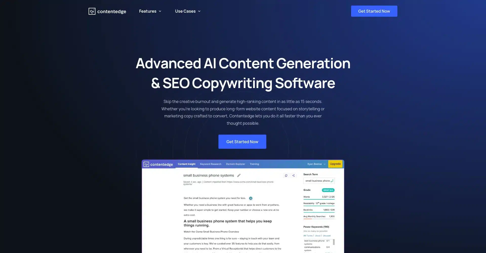 PÔgina de inicio de ContentEdge presentando software de generación de contenido IA