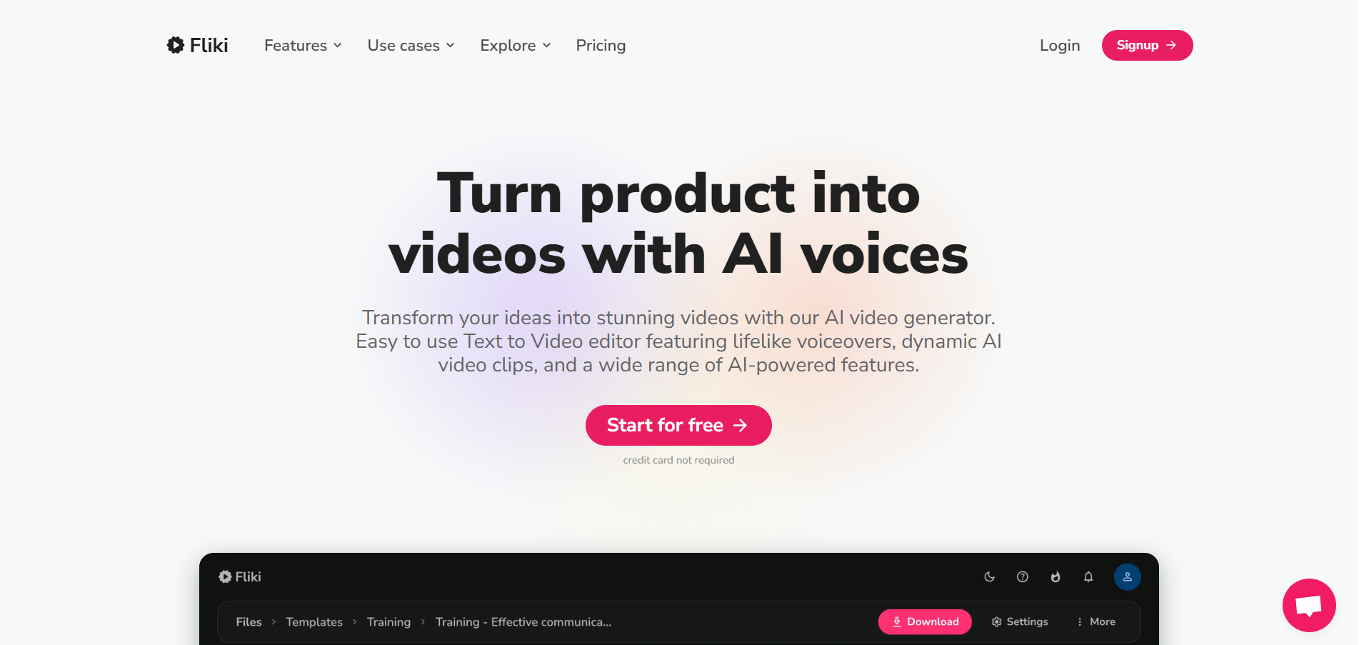 Página principal de Fliki mostrando la opción de convertir productos en videos con voces generadas por IA y un botón para comenzar gratis