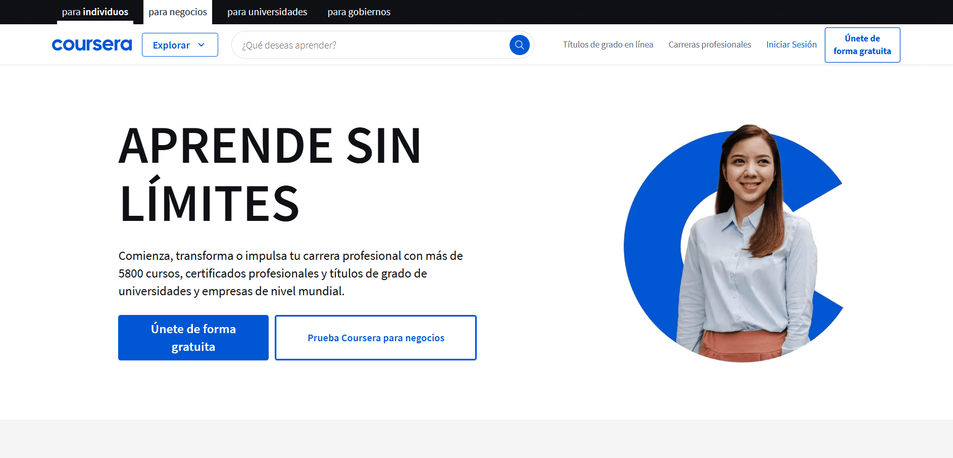 PƔgina de inicio de Coursera en espaƱol con mensaje motivador y opciones para unirse gratis