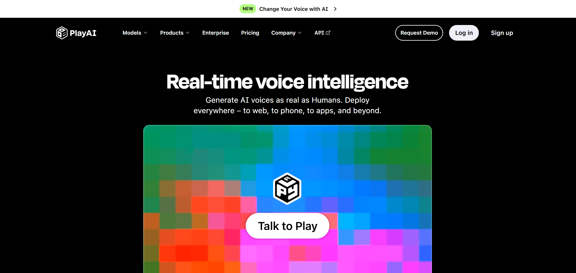 Interfaz principal de PlayAI mostrando su propuesta de generación de voz en tiempo real.
