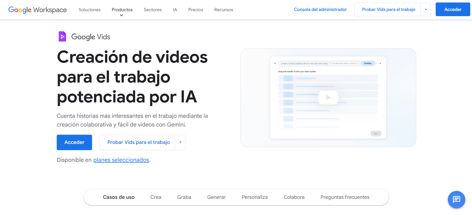 PÔgina principal de Google Vids mostrando la creación de videos para el trabajo con ayuda de Gemini en Google Workspace.
