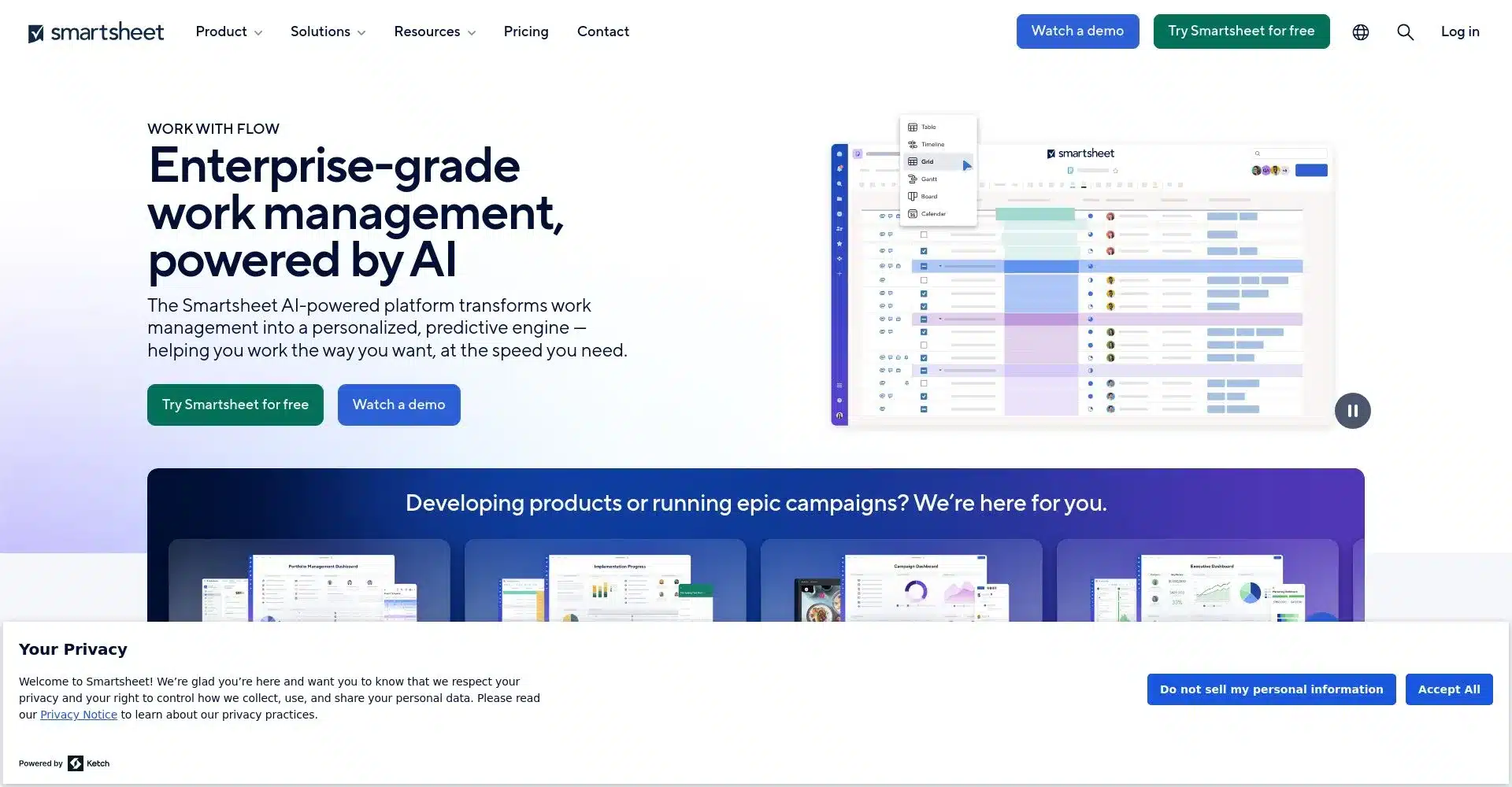 Interfaz de Smartsheet mostrando opciones de gestión de trabajo