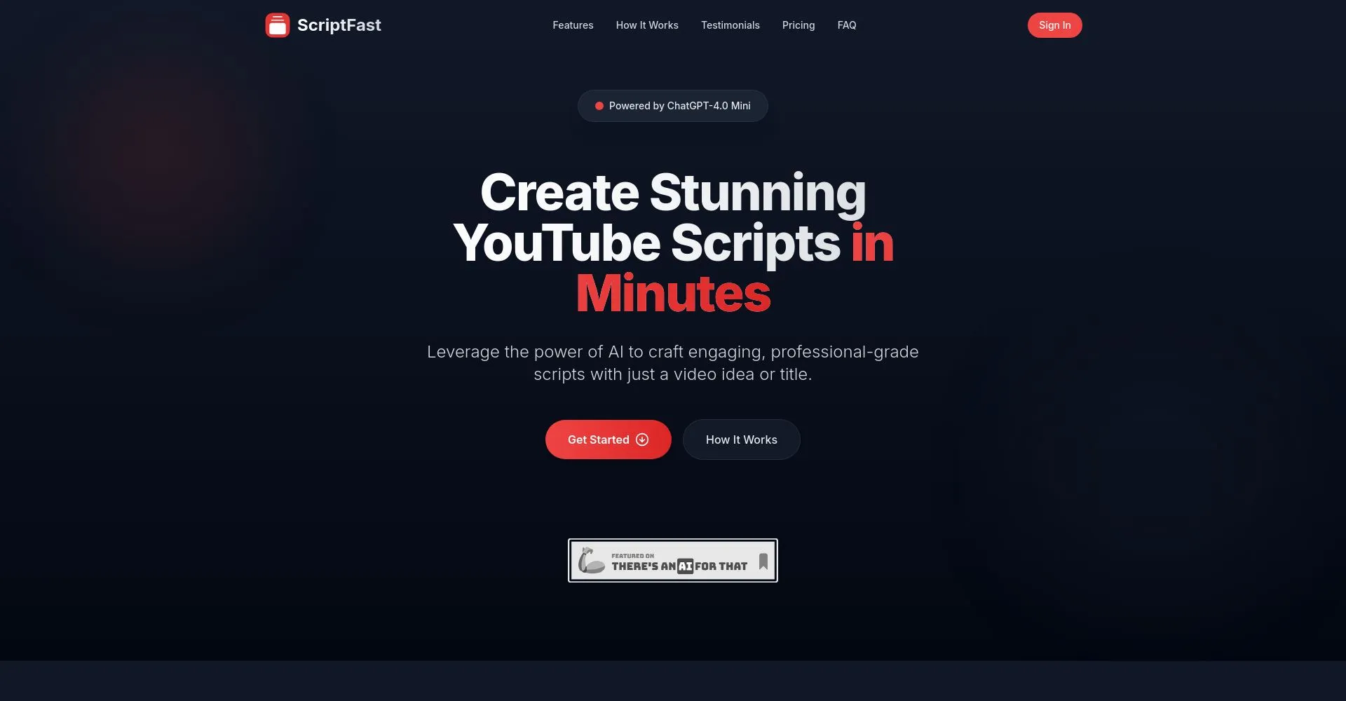 Página de inicio de ScriptFast que destaca la creación rápida de guiones para YouTube con IA