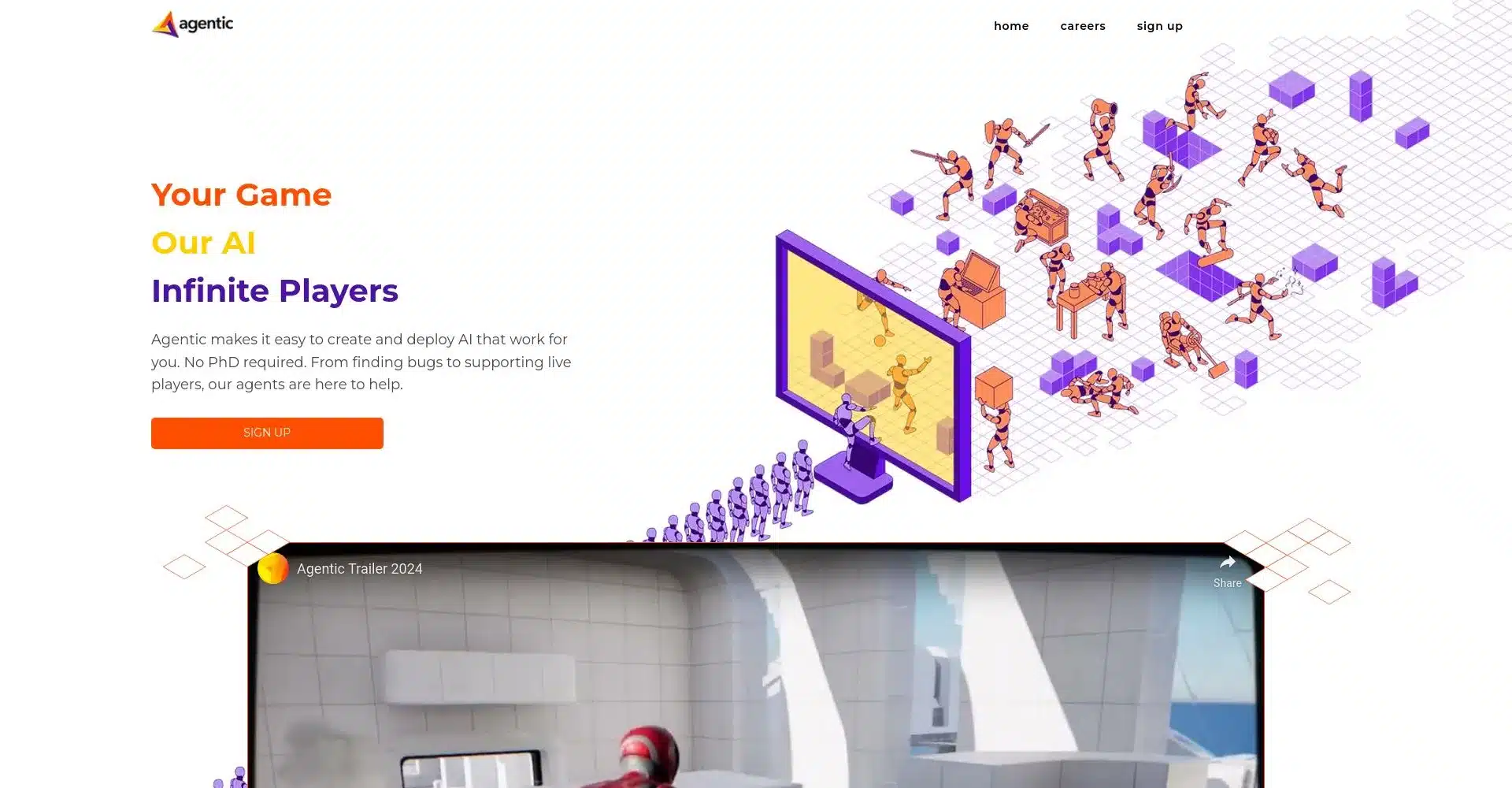 PÔgina de inicio de Agentic mostrando un ilustración de jugadores virtuales