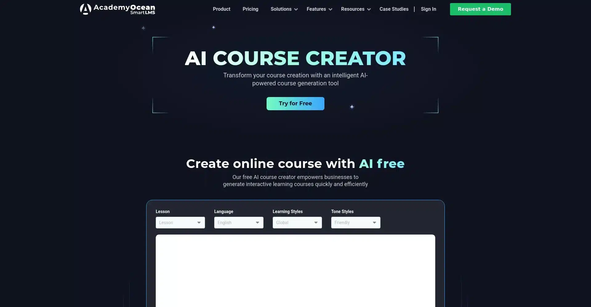 Captura de pantalla del sitio web de AcademyOcean AI Course Creator