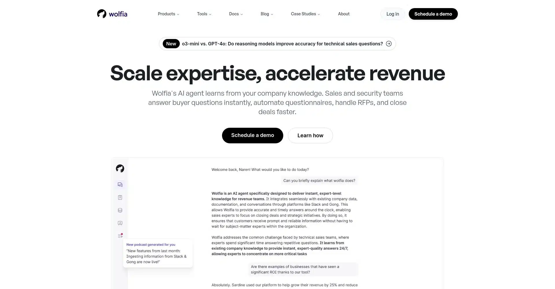 PƔgina principal del sitio web de Wolfia mostrando su agente AI para equipos de ventas
