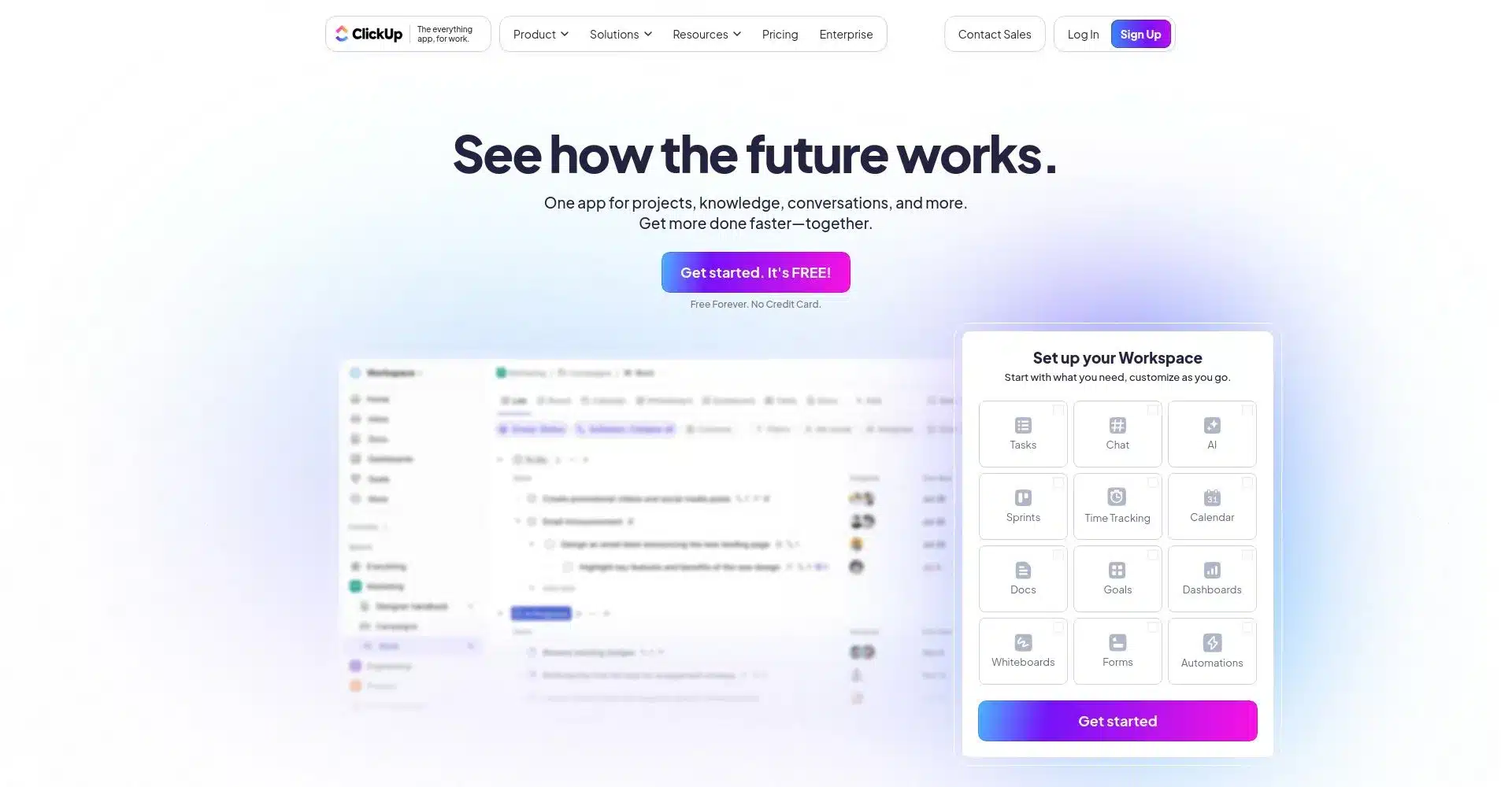Página de inicio de ClickUp mostrando opciones de configuración de espacio de trabajo